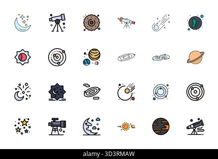 Industry-leading pack of 24 Flat Line Filled Editable vector icons for Astronomical, sized at 64x64 for optimal rendering and user interface excellenc Stock Vector