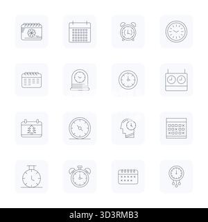 This Schedule Management vector icon pack includes 16 Thin Outline designs in High Resolution PIXEL Perfect format, perfect for enhancing digital inte Stock Vector