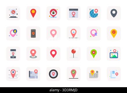 Perfectly balanced 24 Flat PIXEL Perfect vector icons for Geotag, sized at 64x64 for harmonious integration in digital design projects. Stock Vector