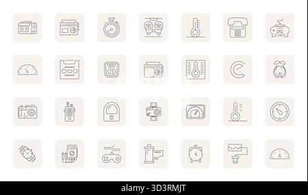 Advanced collection of 28 Grid Fitted vector icons inspired by Analog, crafted in Thin Outline with 128x128 optimization for superior visual performan Stock Vector