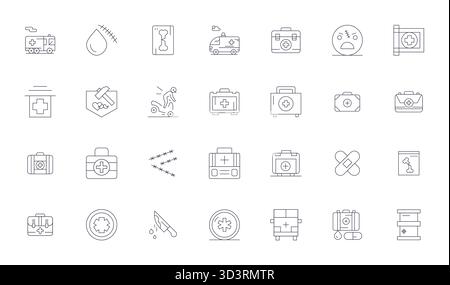 Strategic bundle featuring 28 vector icons representing Trauma in Thin Line format, optimized with High Resolution Detail Enhanced quality for profess Stock Vector