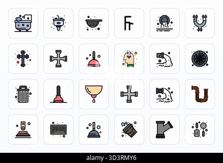 Strategic bundle featuring 24 vector icons representing Drain in Filled Line format, optimized with 128x128 PIXEL Perfect quality for professional wor Stock Vector