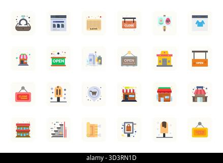 This Shop vector icon pack includes 24 Flat designs in 256x256 Detail Enhanced format, perfect for enhancing digital interfaces. Stock Vector