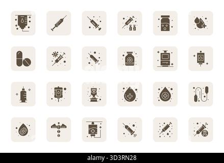 Comprehensive bundle featuring 24 vector icons in Filled design for Injection, delivered in crisp High Resolution Editable quality. Stock Vector
