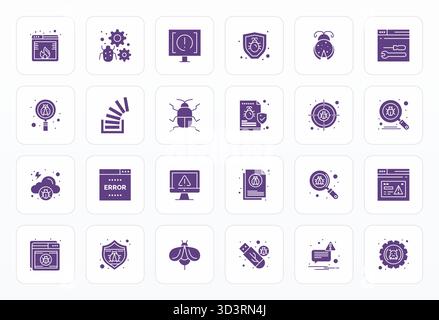 High-performance collection of 24 Glyph vector icons for Bug, engineered with 256x256 Display Perfect resolution for optimal user interface design. Stock Vector