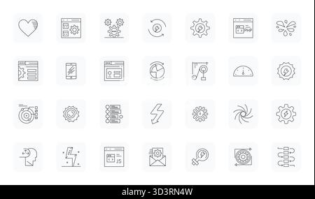 Professional-grade collection of 28 Thin Outline vector icons representing Dynamic, crafted with 128x128 Editable precision for enterprise application Stock Vector