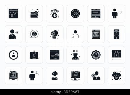 Curated pack of 24 64x64 vector icons in Glyph design, centered around Account Management concepts with Pixel Optimized clarity. Stock Vector