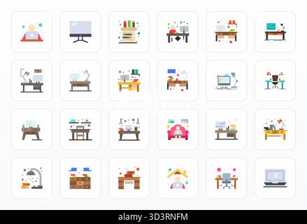 Expertly designed 24 Flat Pixel Aligned vector icons for Home Office, engineered at 256x256 resolution for flawless integration and performance. Stock Vector