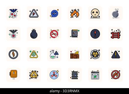This set of 24 LineFilled vector icons captures Danger Sign themes in 64x64 PIXEL Perfect quality, perfect for tech and business applications. Stock Vector