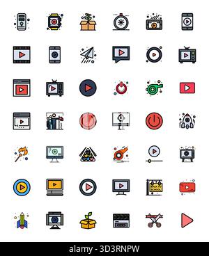 Collection of 42 Line Filled Grid Fitted vector icons for Start, designed in 128x128 format for clarity and versatility. Stock Vector
