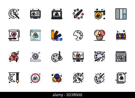 Exceptional collection of 24 Flat Line Filled vector icons for Color Mixing, delivered in 128x128 Pixel Aligned resolution for unparalleled visual exc Stock Vector