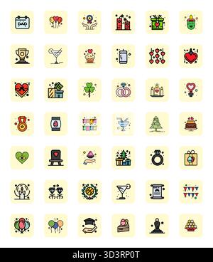 Beautifully rendered 42 LineFilled Pixel Aligned vector icons for Celebration, created at 64x64 resolution for stunning visual consistency across plat Stock Vector