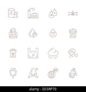 Carefully curated 16 Thin Line vector icons for Pollution, featuring 128x128 Grid Fitted resolution for consistent brand representation and user exper Stock Vector
