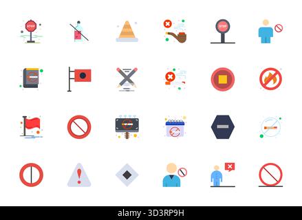A clean collection of 24 Flat vector icons representing Prohibition, designed in High Resolution Detail Enhanced format for modern dashboards and inte Stock Vector