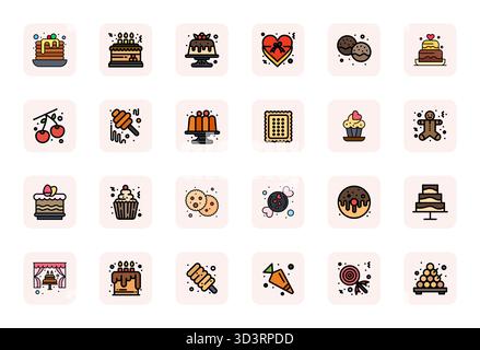 This Sweet Treat vector icon pack includes 24 LineFilled designs in Retina Ready PIXEL Perfect format, perfect for enhancing digital interfaces. Stock Vector
