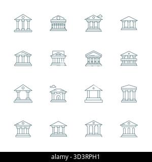 Contemporary collection of 16 vector icons representing Portico in Thin Line aesthetic, featuring 256x256 Pixel Optimized resolution for modern applic Stock Vector