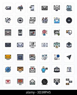 Professional-grade collection of 42 Filled Line vector icons representing Digital Mail, crafted with 128x128 Pixel Aligned precision for enterprise ap Stock Vector