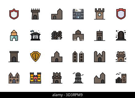 Industry-leading pack of 24 Line Filled Pixel Optimized vector icons for Castle, sized at 256x256 for optimal rendering and user interface excellence. Stock Vector
