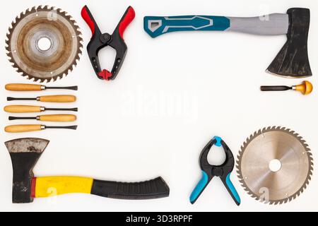 Flat lay of new and used hand tools on white background. Large collection of various tools and bits arranged on white. Stock Photo