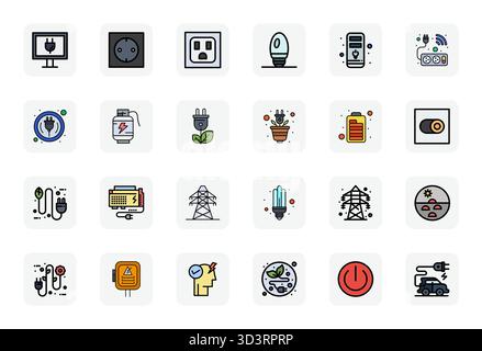 A versatile set of 24 LineFilled PIXEL Perfect vector icons focused on Electricity, delivered in crisp 64x64 format ideal for mobile and web applicati Stock Vector