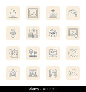 Exceptional collection of 16 Thin Outline vector icons for Portfolio, delivered in 128x128 Grid Fitted resolution for unparalleled visual excellence a Stock Vector