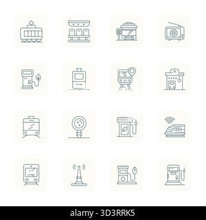 Thoughtfully designed 16 vector icons themed around Station, crafted in Thin Outline with 256x256 Display Perfect precision for contemporary design ne Stock Vector