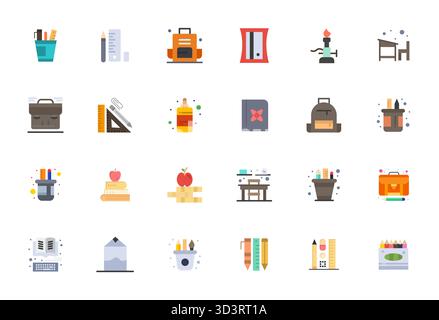 Professional-grade collection of 24 Flat vector icons representing School Supplies, crafted with 256x256 Detail Enhanced precision for enterprise appl Stock Vector