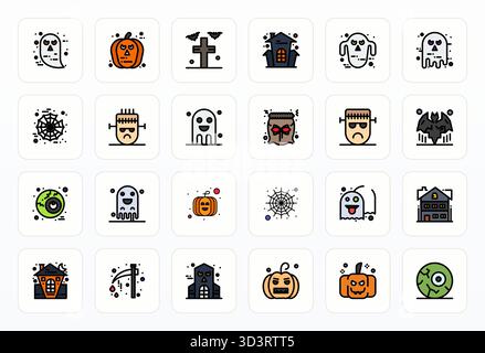 Future-ready pack of 24 vector icons themed around Creepy, showcasing Filled Line design with High Resolution PIXEL Perfect clarity for innovative use Stock Vector