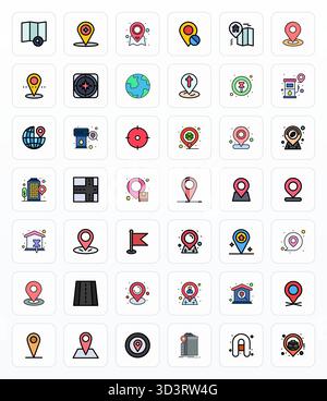 Innovative pack of 42 vector icons themed around Map Marker, showcasing Filled Line design in 256x256 PIXEL Perfect format for modern digital solution Stock Vector
