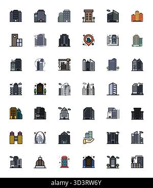 Artfully designed 42 Line Filled Pixel Optimized vector icons for Skyscraper, delivered in High Resolution format for consistent visual excellence. Stock Vector