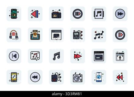 Perfectly balanced 24 LineFilled Grid Fitted vector icons for Audio Player, sized at High Resolution for harmonious integration in digital design proj Stock Vector