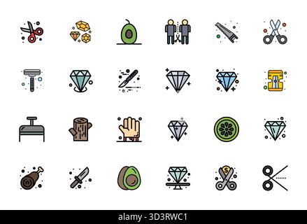 Strategic bundle featuring 24 vector icons representing Cut in Flat Line Filled format, optimized with 256x256 Editable quality for professional workf Stock Vector