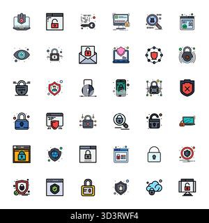 Industry-leading pack of 36 Line Filled Display Perfect vector icons for Online Security, sized at High Resolution for optimal rendering and user inte Stock Vector