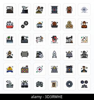 A clean collection of 36 Filled Line vector icons representing Industry, designed in 256x256 Editable format for modern dashboards and interfaces. Stock Vector