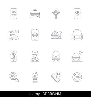 This Taxi vector icon pack includes 16 Thin Line designs in Retina Ready PIXEL Perfect format, perfect for enhancing digital interfaces. Stock Vector