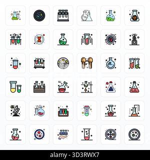A clean collection of 36 Filled Line vector icons representing Research Lab, designed in 256x256 Pixel Optimized format for modern dashboards and inte Stock Vector