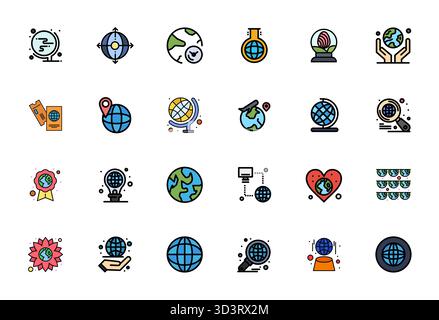 Precision-engineered 24 Flat Line Filled vector icons for Globe, designed at 128x128 PIXEL Perfect resolution for exceptional clarity and scalability. Stock Vector