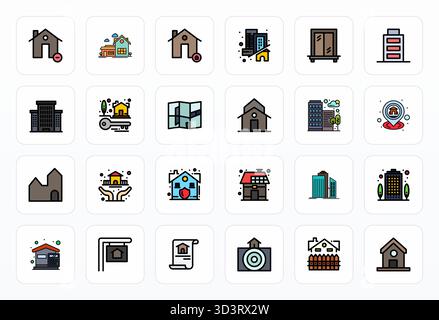 This set of 24 Filled Line vector icons captures Real Estate themes in Retina Ready PIXEL Perfect quality, perfect for tech and business applications. Stock Vector