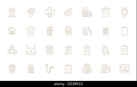 Perfectly balanced 28 Thin Line Pixel Optimized vector icons for Garbage, sized at Retina Ready for harmonious integration in digital design projects. Stock Vector