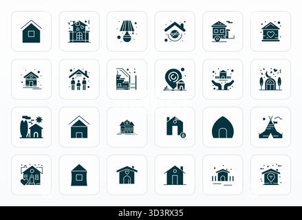 Essential pack of 24 Grid Fitted vector icons for Dwelling in Glyph format, sized at 256x256 for optimal performance and scalability. Stock Vector