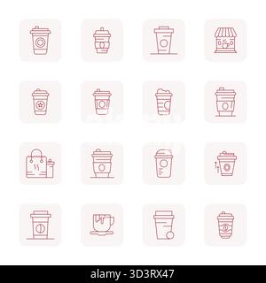 Streamlined set of 16 vector icons for Takeaway Coffee in Thin Outline aesthetic, featuring 64x64 Pixel Aligned resolution for seamless user experienc Stock Vector