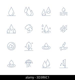 Download 16 scalable Thin Line vector icons designed for Moisture, featuring PIXEL Perfect Retina Ready resolution suitable for professional and creat Stock Vector