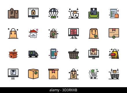 Exceptional collection of 24 Flat Line Filled vector icons for Order Confirmation, delivered in High Resolution Pixel Optimized resolution for unparal Stock Vector