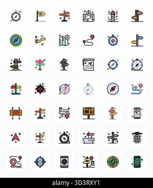 Industry-leading pack of 42 Filled Line PIXEL Perfect vector icons for Wayfinding, sized at High Resolution for optimal rendering and user interface e Stock Vector