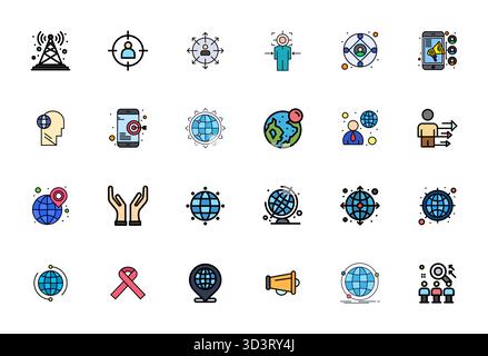 Sophisticated bundle of 24 Flat Line Filled vector icons for Outreach, engineered with High Resolution Grid Fitted clarity for professional applicatio Stock Vector