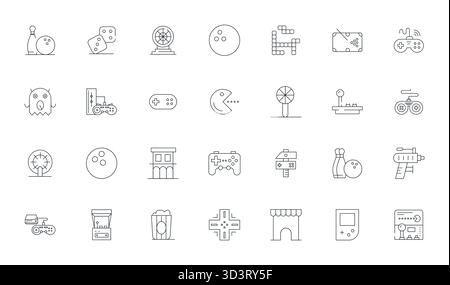 Set of 28 Thin Line Detail Enhanced vector icons themed around Arcade, crafted in High Resolution resolution for seamless integration in apps and webs Stock Vector