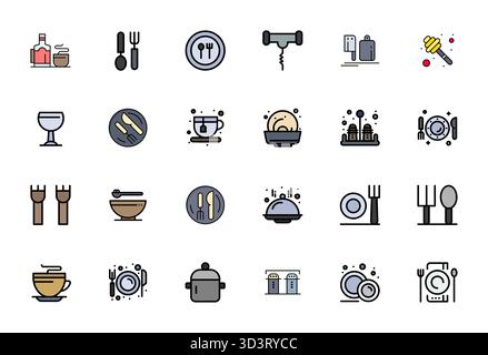 Perfectly balanced 24 Line Filled Editable vector icons for Tableware, sized at 256x256 for harmonious integration in digital design projects. Stock Vector