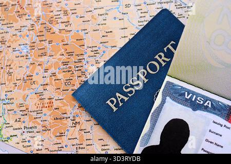 USA visa background. US visa in passport on United States geographical map close up. Immigration and travel concept Stock Photo