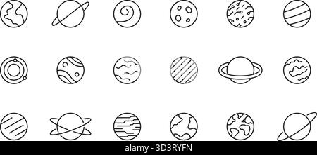 Set of Planet Line Icons. Space Planet, Earth, Moon, Sun and Galaxy. Astronomy Outline Icon Collection. Editable Stroke. Isolated Vector Illustration Stock Vector