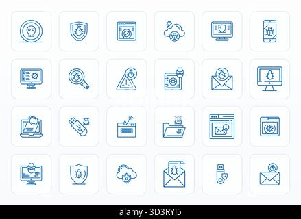 Essential pack of 24 Grid Fitted vector icons for Malware in Bold Line format, sized at 256x256 for optimal performance and scalability. Stock Vector